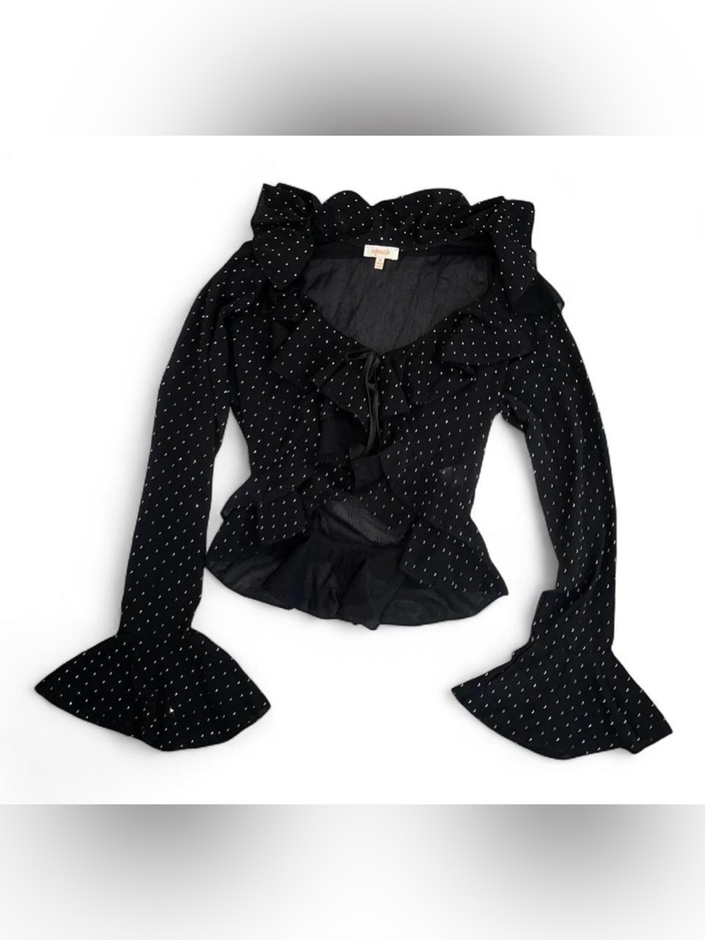 Upeach black rhinestone studded ruffle sheer bell sleeve top in size medium